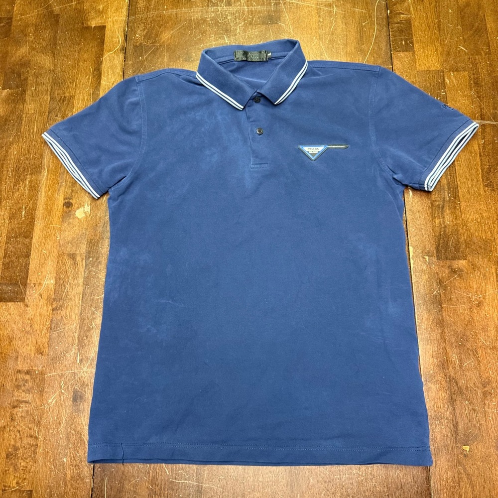 Prada Polo Shirt Womens L Blue Triangle Logo Tipped Collar Short Sleeve